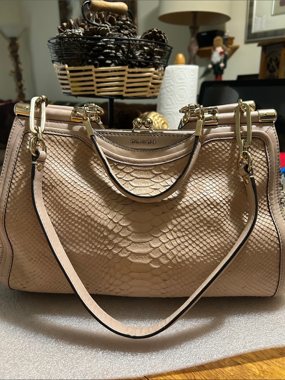 Coach Beige Python-Embossed Leather Satchel with Gold Hardware